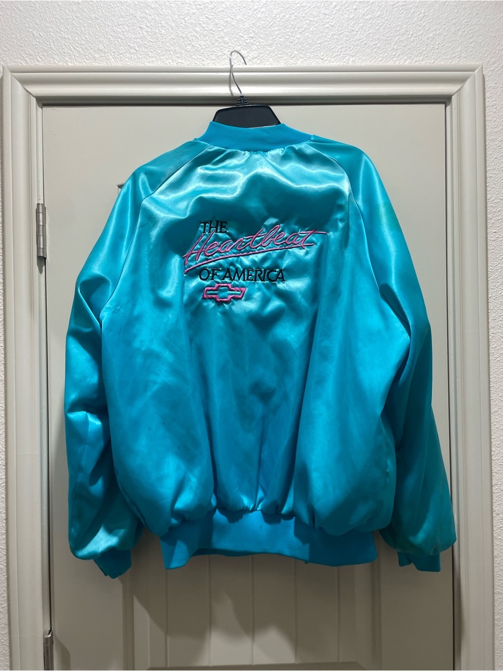The Heartbeat of America Satin Bomber Jacket - Teal with Pink Embroidery
